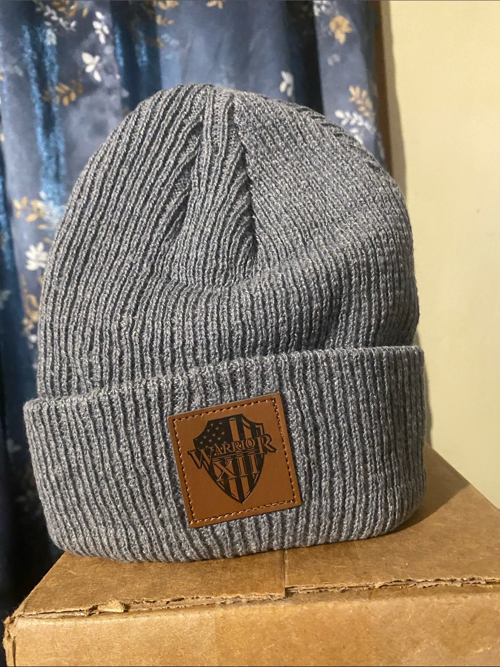 Gray Ribbed Beanie with Leather Patch - WARRIOR XIII Logo